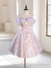 A-Line Off Shoulder Tulle Lace Purple Short Prom Dress, Cute Purple Homecoming Dress